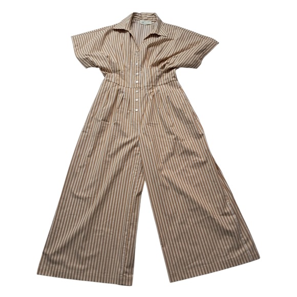 Anthropologie Exquise Danna Jumpsuit Women's Medium Camel Beige Wide Leg Striped